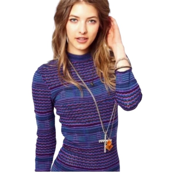 Free People Bodycon Knit Dress 70s Vintage Style Semi Sheer Stripe Purple Blue - Picture 16 of 16